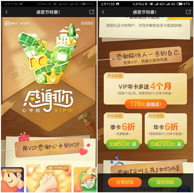 爱奇艺感恩节特惠6折开会员 会员用户还可参与抽奖