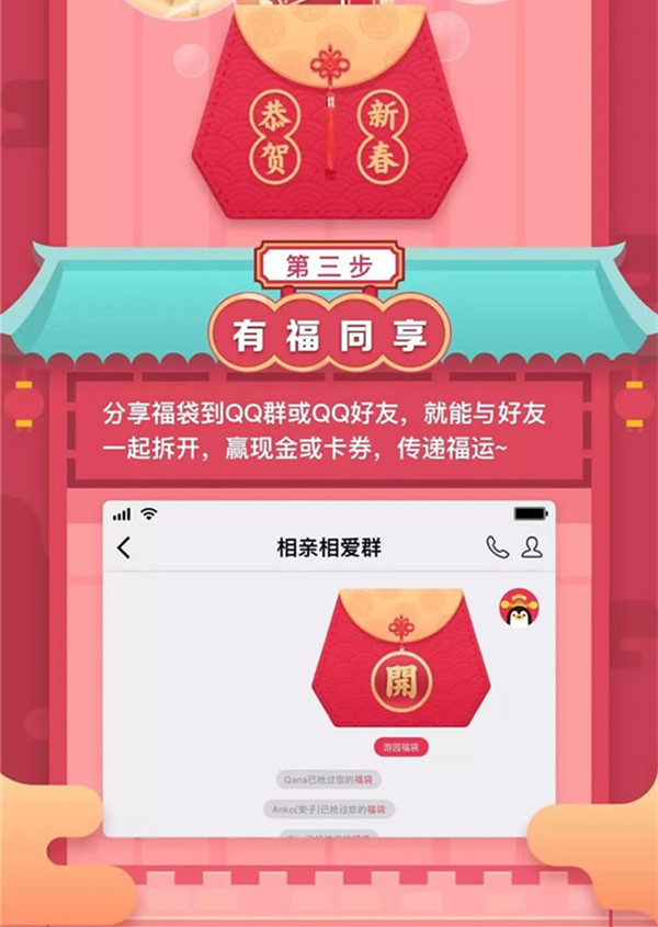 新玩法手机QQ新春游园2019福气带回家活动_分享解锁现金红包