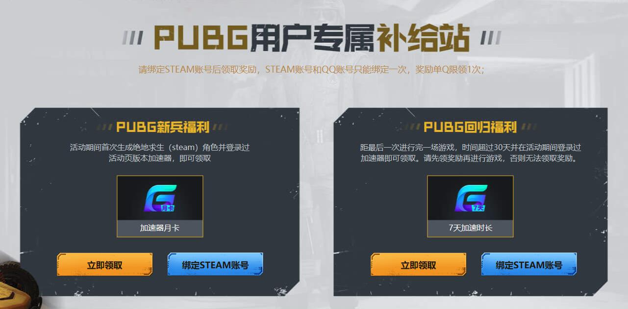 PUBG补给站免费领取7天~1个月腾讯网游吃鸡加速器和废土休闲套装